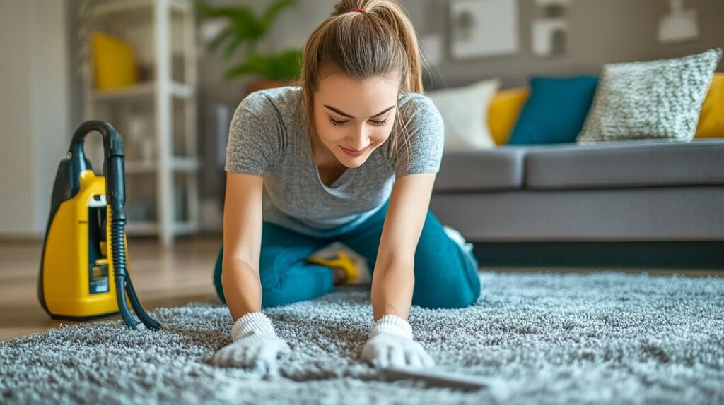 devojka kleci na tepihu sa rukavicama na rukama i usisivacem poerd nje