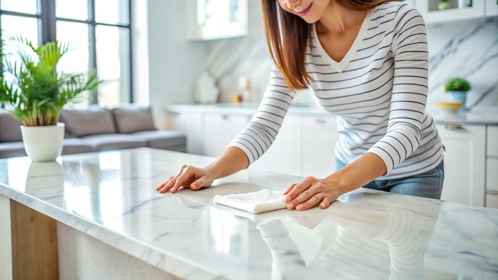 zena cisti kvarcnu plocu u kuhinji