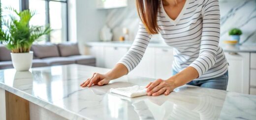 zena cisti kvarcnu plocu u kuhinji